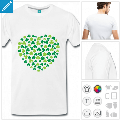 T-shirt trèfles Saint Patrick, cœur personnalisable composé de trèfles irlandais deux couleurs.
