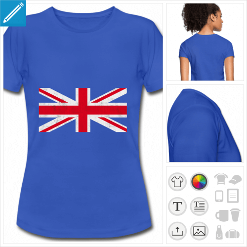 t-shirt manches courtes drapeau angleterre personnalisable, impression à l'unité