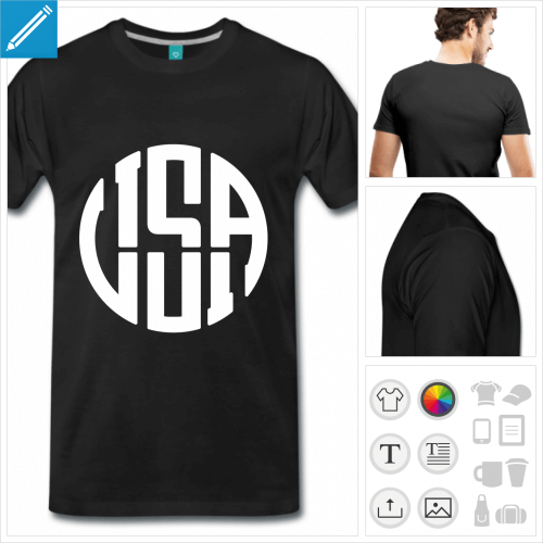 T-shirt USA personnalis manches courtes pour homme. Le motif est compos de lettres  typo spcial et l'assemblage des lettres USA forme un cercle. L