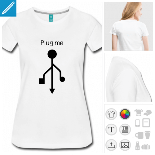 T-shirt usb plug me, blague geek avec symble port usb et typo pixel.