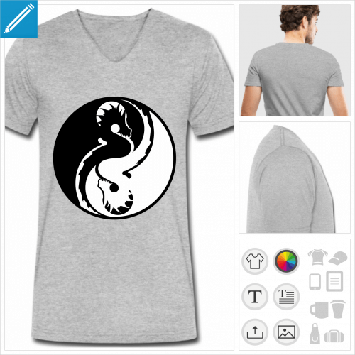 Tee shirt bleu  col en V et manches courtes pour homme, symbole yin yang plein avec moities inverses dessinant deux dragons.