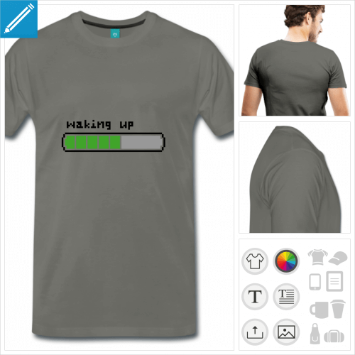 T-shirt waking up, barre dessine en pixel avec progression de chargement, rveil en cours.