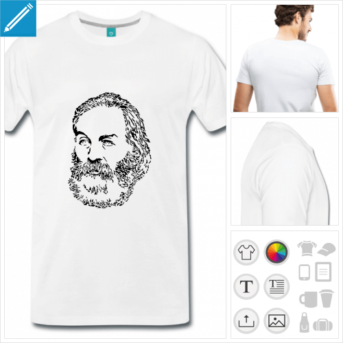 T-shirt Walt Whitman, portrait du poète américain auteur de O Captain my Captain etc. Personnalisez un t-shirt poésie.
