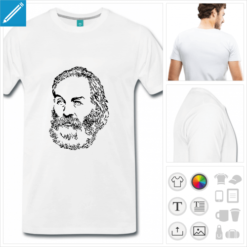 T-shirt Walt Whitman, portrait du pote amricain auteur de O Captain my Captain etc. Personnalisez un t-shirt posie.