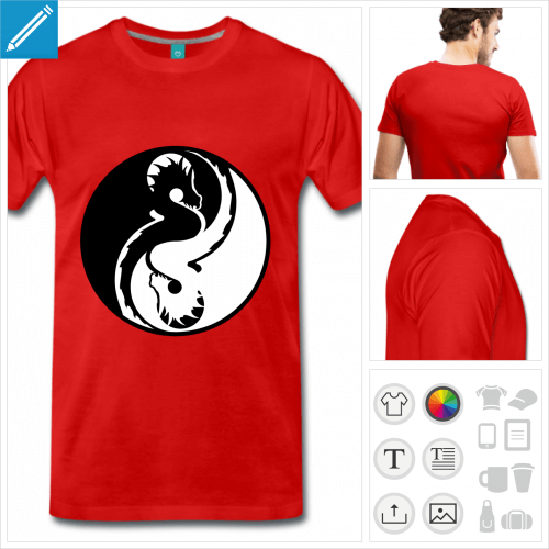 T-shirt yin yang formé de deux dragons, motif noir et blanc à imprimer en ligne.