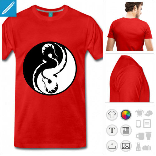 T-shirt yin yang form de deux dragons, motif noir et blanc  imprimer en ligne.