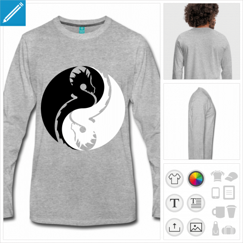 T-shirt  manches longues bleu marine pour homme personnalis avec un symbole yin yang compos d'un dragon noir et d'un dragon blanc invers.