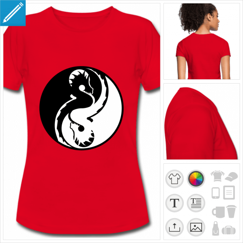 Tee shirt femme manches courtes et coupe simple, motif dragons yin yang plein.
