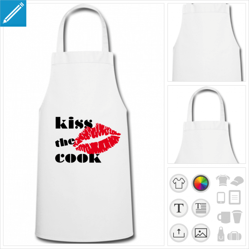 Tablier personnalis, tablier kiss the cook aux couleurs personnalisables, avec bouche colore et texte.