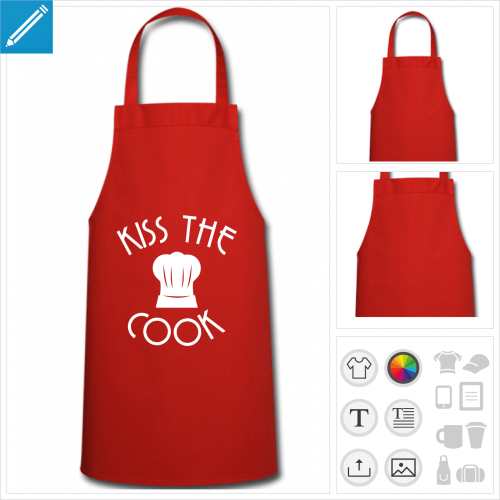 Tablier toque de cuisinier et texte kiss the cook,  personnaliser en ligne. Crez votre tablier de cuisine personnalis.